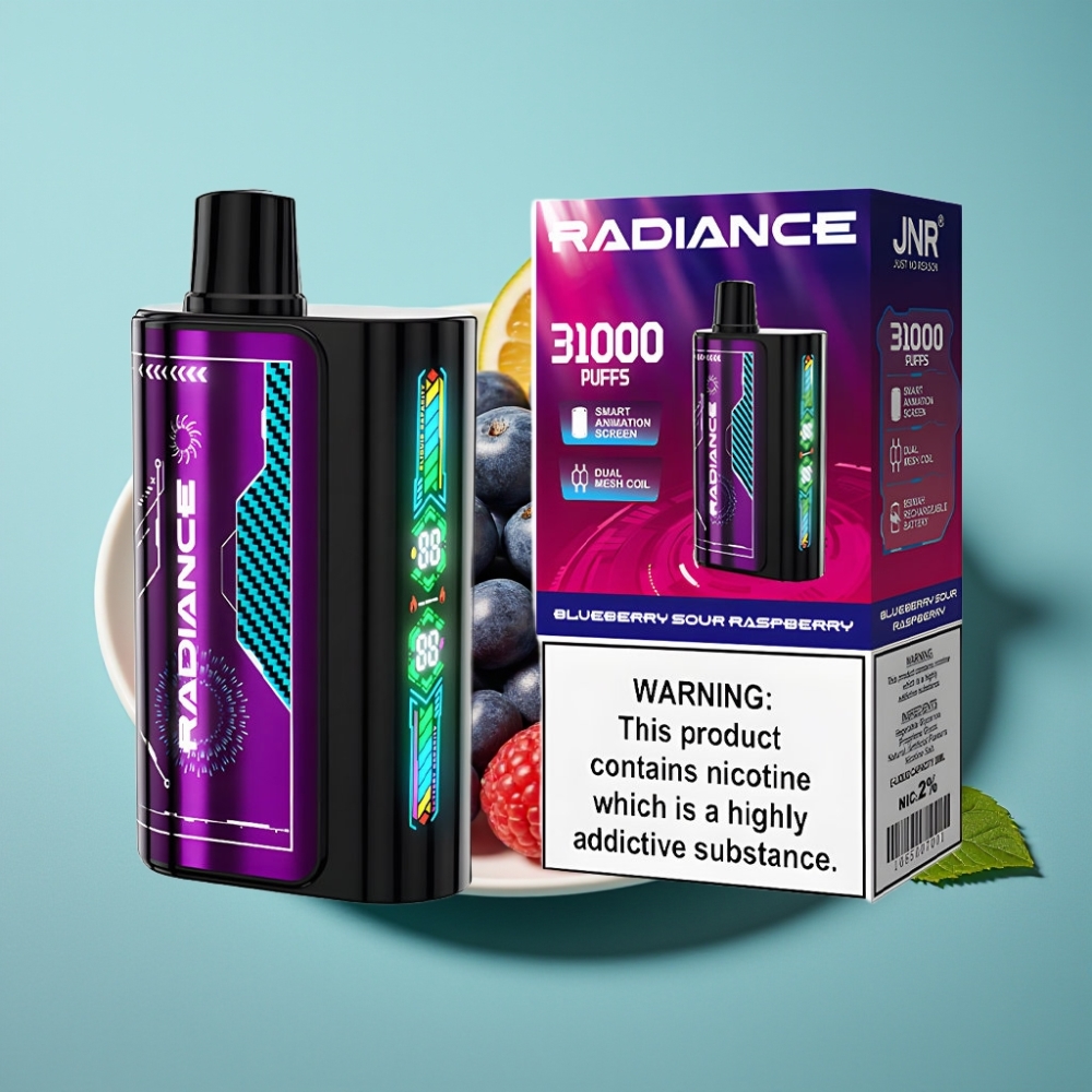 JNR Radiance 31000 Pūkų Disposable Vape Mėlynė Rūgšti Avietė, Dual Mesh, Type-C